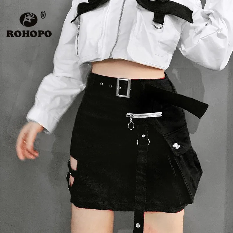 

ROHOPO Punk Fashion Women Belted Cargo Pocket Skirt Rivet High Waist Street Girl Little Black Skirts