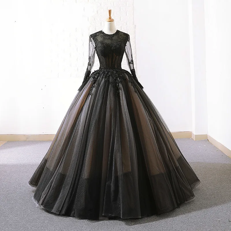 

Mingli Tengda Personality Black Wedding Dress Long Sleeve Cut Out Lace Bride Ball Gown See Through O Neck Wedding Dresses Custom