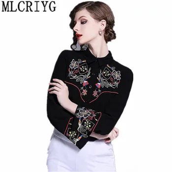 

Vintage Floral Embroidery Chiffon Women's Shirt Long Sleeve Blouse Women Spring Casual Womens Tops and Blouses 2019 blusas YQ081