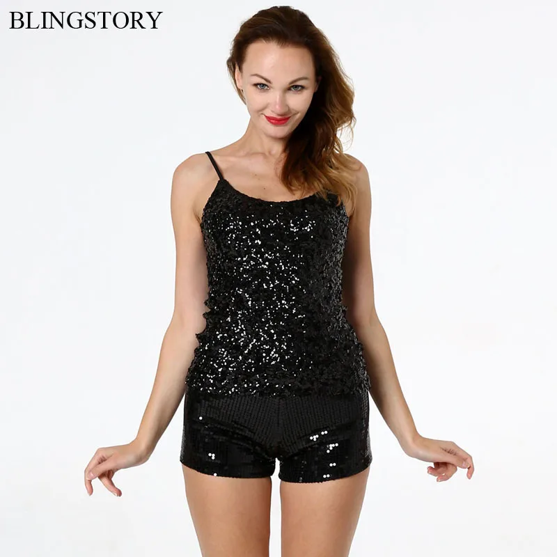 Blingstory пикантные женские эластичные блестящие летние майки с блестками