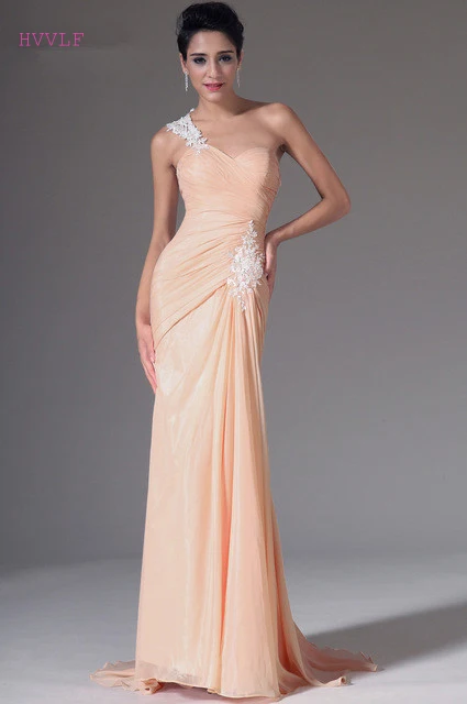 

Peach Evening Dresses 2019 Mermaid One-shoulder Chiffon Lace Backless Plus Size Long Evening Gown Prom Dresses Robe De Soiree