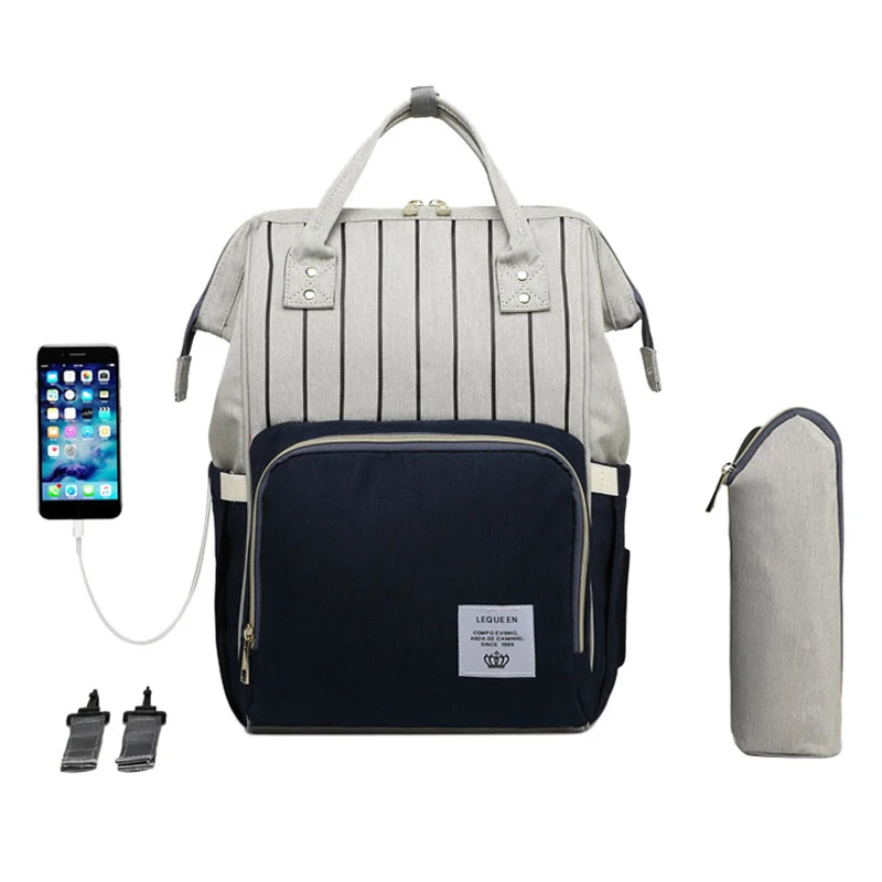 LEQUEEN мода полосы Мумия подгузник для беременных сумка рюкзак для кормления сумка большой емкости путешествия рюкзак коляска сумка для ухода за ребенком - Цвет: Blue with hooks