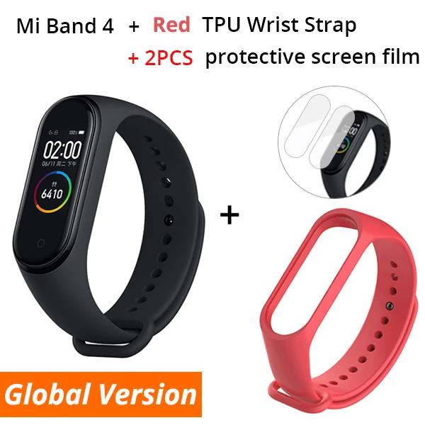 Xiaomi mi смарт-браслет 4, 3 цвета, AMOLED экран, mi Band 4, фитнес-браслет, Bluetooth, Smartband - Цвет: Add Red Strap