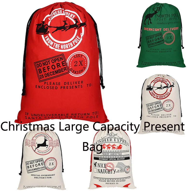 1 PCS Reusable Christmas Sacks Santa Present Bag 50x70cm Elk Organic Heavy Canvas Large Bags Red Drawstring Shopping Bag