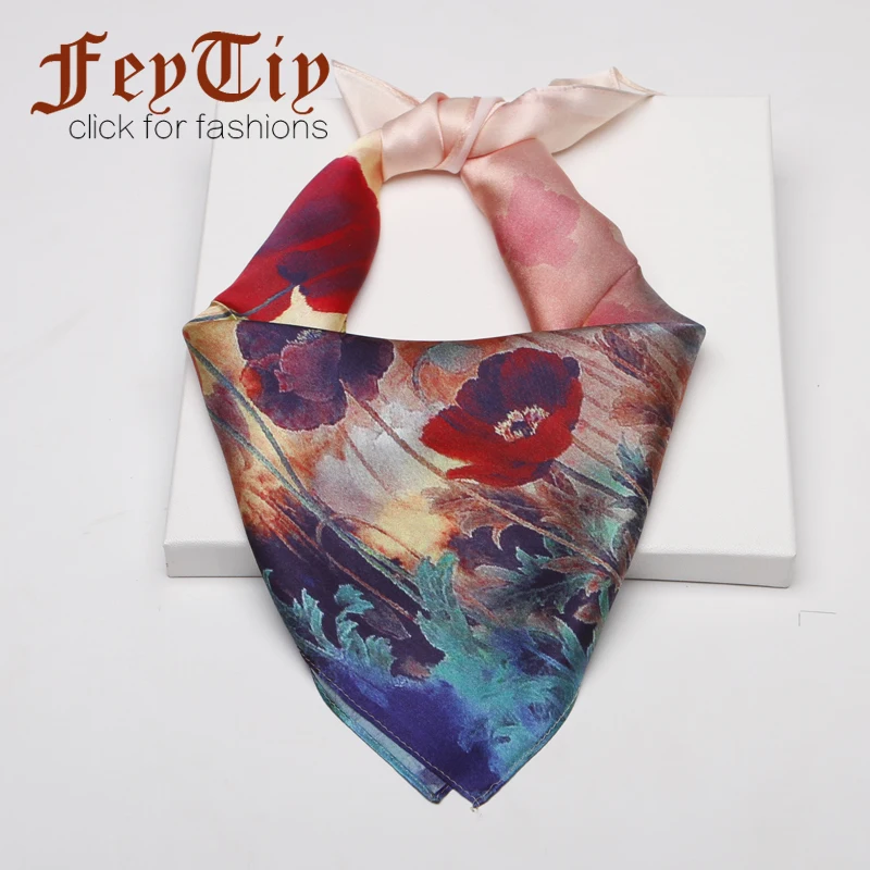 100% Pure Silk Neckerchief Red Flower Print Scarf Women Foulard...
