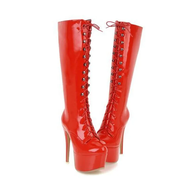 Sexy Patent Leather Thin Heels Women Knee High Boots Big Size Ladies Platform High Heels Pole Dancing Boots Women Mid-Calf Boots (1)