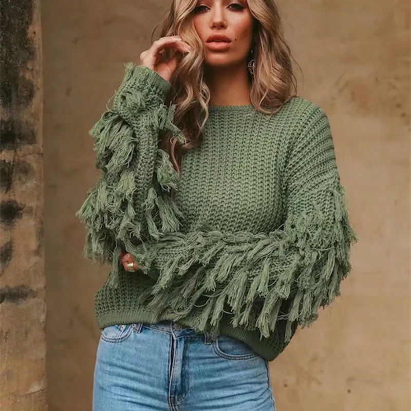 

Solid Women Oversized Sweaters 2018 Autumn O-neck Tassel Knitted Pullovers Women Streetwear Ladies Knitwear cws0073-5