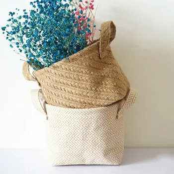 

Multifunction Braided Jute Cloth Storage Basket Flowerpot Cotton and Linen Blended Desktop Storage Box Garden Basket Decor