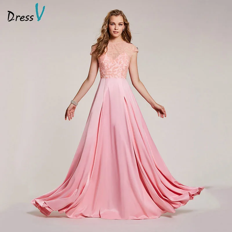

Dressv pink evening dress cheap scoop neck a line beading cap sleeves floor length wedding party formal dress evening dresses
