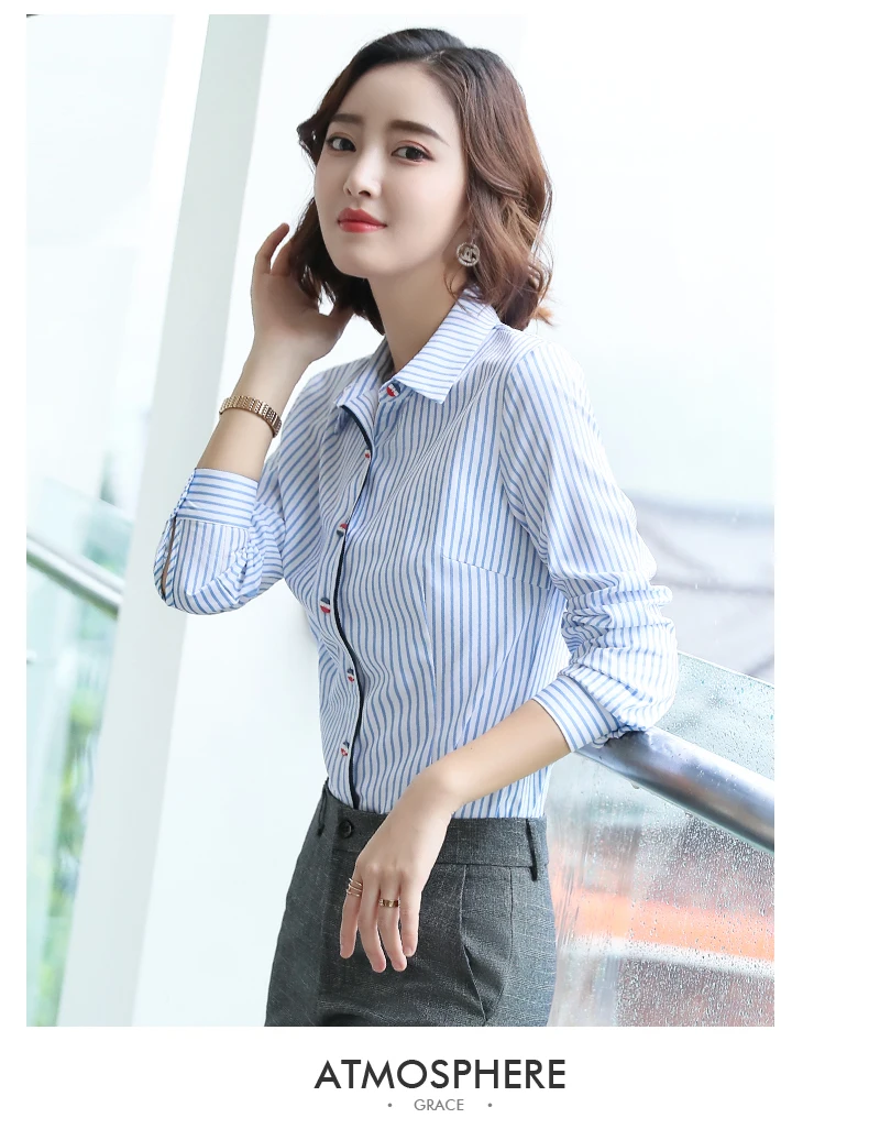 Модная женская рубашка в синюю полоску, новинка, формальная деловая тонкая блуза с длинным рукавом, Офисная Женская рабочая блуза размера плюс, топы