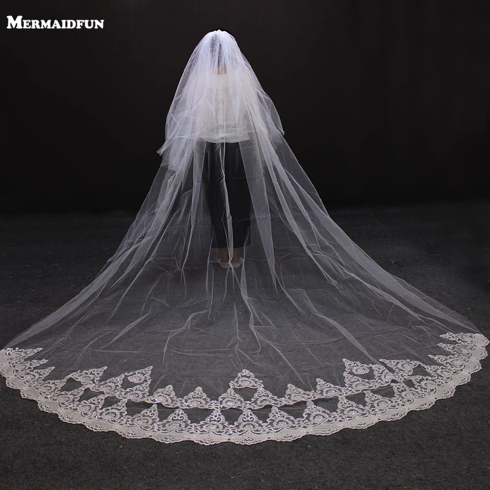 

2019 New Arrival Sequined Lace Edge 2 Layesr Beautiful Wedding Veil with Comb 3 Meters 2 T Long White Lace Bridal Veil