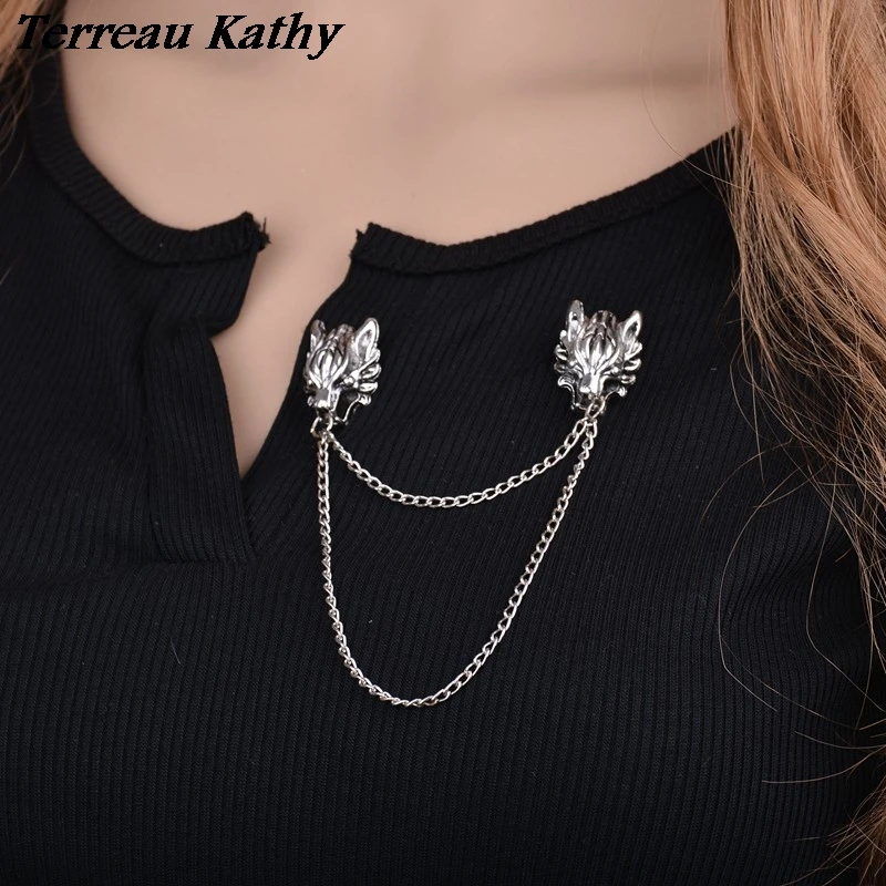 Terreau Kathy Real Shooting Free Shipping Metal Pin Double Wolf Head Men Brooch Silver Plated Chain Collar Brooches For Women | Украшения и