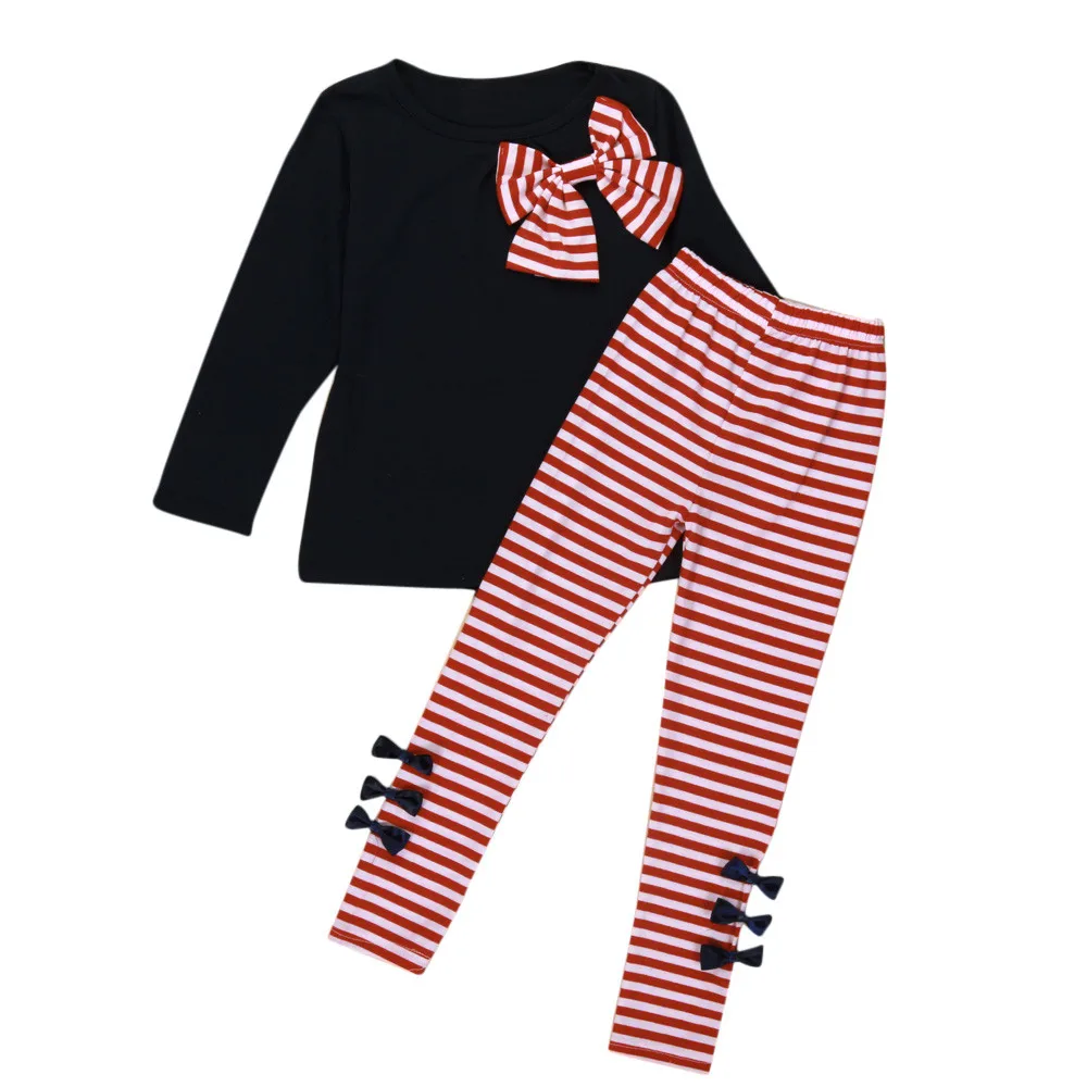 

2019 2Pcs Kids Baby Girls Clothing Long Sleeve Bowknot Dress T-Shirt+Stripe Pants Set vestido infantil yw0429