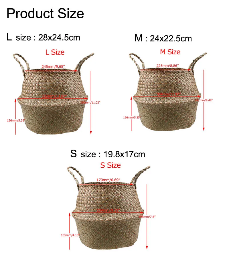 Hamdmake Flower Storage Basket pot Seagrass Rattan Laundry Basket Folding Woven Clothes Toy Sundries Home Storage Baskets