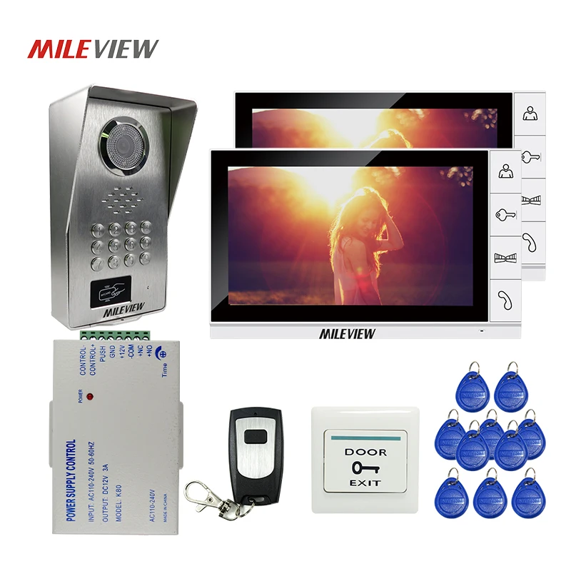 

FREE SHIPPING 9" LCD Screen Video Intercom Door bell Phone Kit 2 Monitors RFID Code Keypad Unlock Outdoor Camera Remote Control