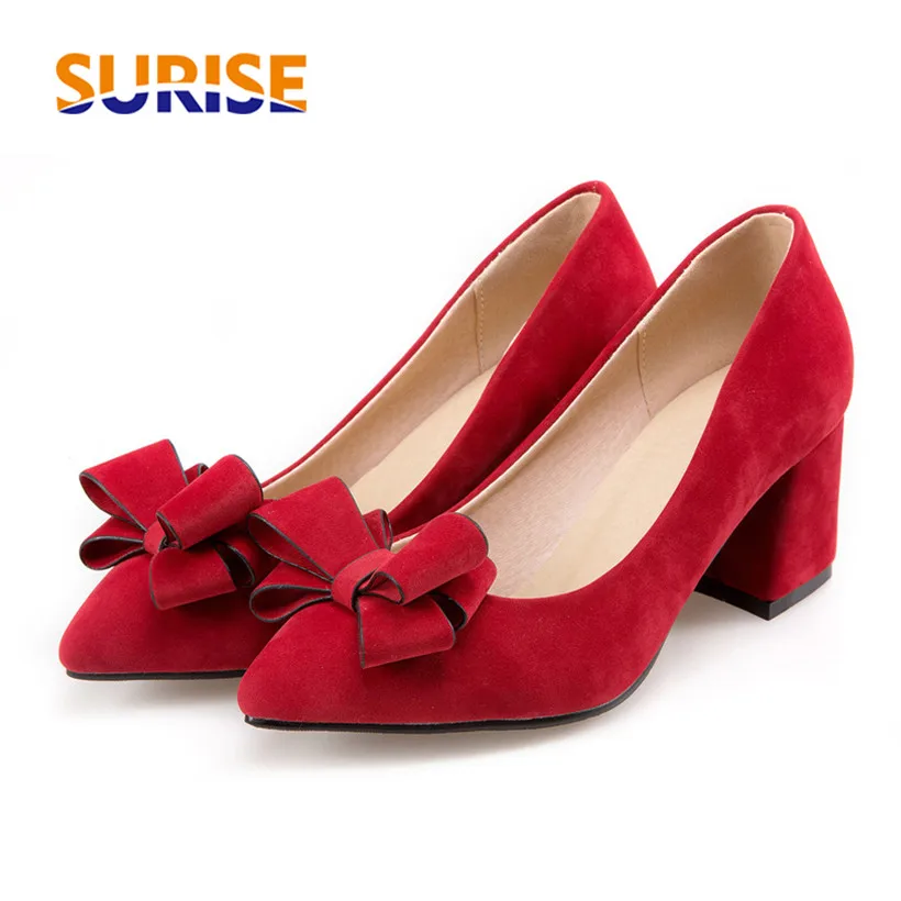 

Big Size Bow Women Pumps High Thick Block Heel Pointed Toe Flock Office Party Dress Spring Autumn Slip On Bowknot Ladies Shoes
