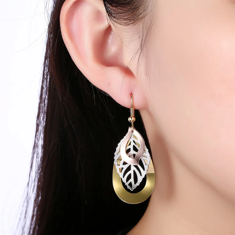 

LJ&OMR New Hollow Leaf Gold Color Drop Earrings Luxury for Women Wedding Party Jewelry Fashion Brincos