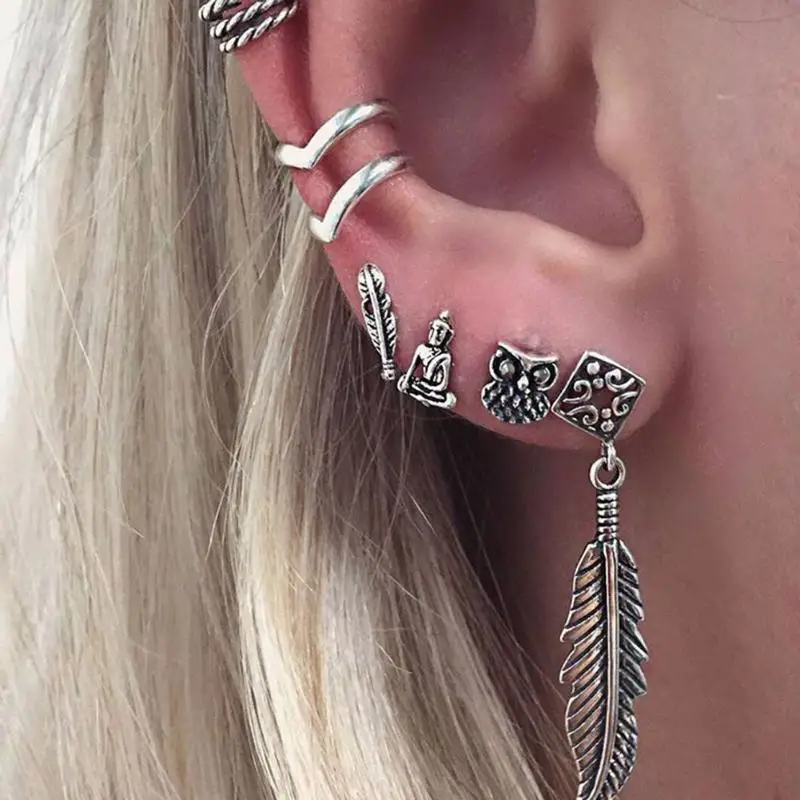 

6pcs/Lot Retro Silver Color Earrings Vintage Bohemian Style Leaf Animal Big Earrings Circle For Women Men Brincos Bijoux
