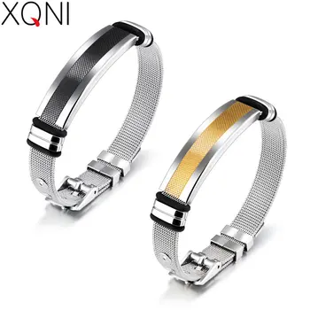 

XQNI Simple Bracelet For Men Mesh Strap Band Perimeter 16.5-21 CM Black/ Gold Color Stainless Steel Male Wrap Bracelets Gift