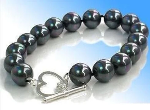 

N1648 PRETTY BLACK MOTHER OF PEARL SHELL Pearl HEART CLASP Bracelet BANGLE GIFT 7.5'' 2pc Natural >>free shipping