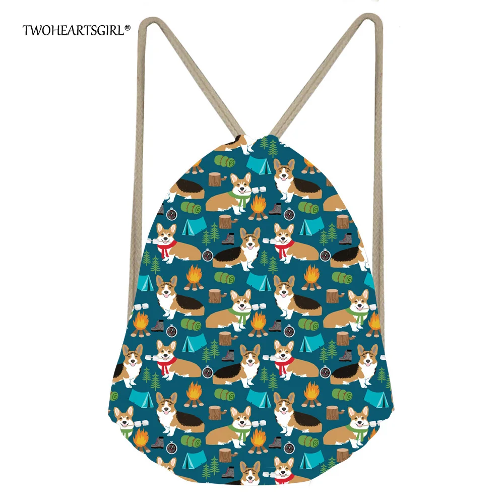 TWOHEARTSGIRL Funny Floral Corgi Dog Travel Drawstring Bags Kawaii Women Girls Storage Backpack Daily Kids Beach Rucksack | Багаж и сумки