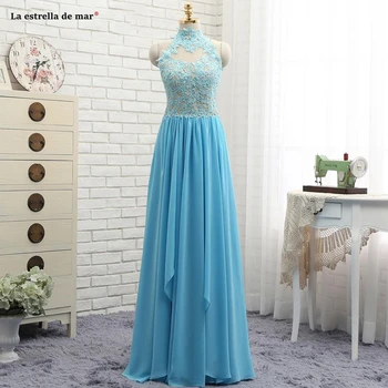 

Vestidos de gala new high neck back turquoise Prom Dresses Chiffon Appliques Lace Long Sleeve Backless Evening Party Gown Specia