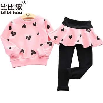 

Spring Autumn Baby Girls Clothing Sets Lovely Heart Printed Children Clothing Long Sleeve T Shirt Tops + Skirt Lenging Pant Set