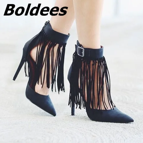 

Elegant Black PU Leather Fringe Ankle Wrap Heels Trendy Buckle Style Pointy Stiletto Heel Pumps Women Fancy Tassel Dress Shoes