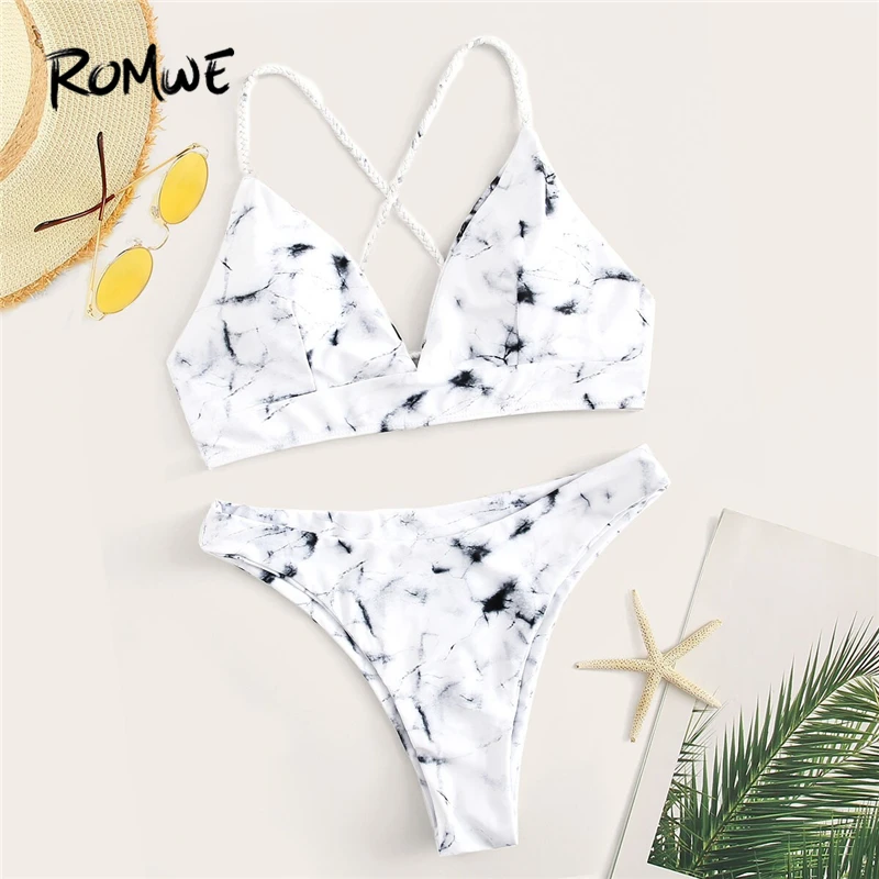 

Romwe Sport Bikinis Set White Marble Pattern Criss-cross Top With High Cut Bottoms Women Summer Sexy Wireless Lace Up Swimwear