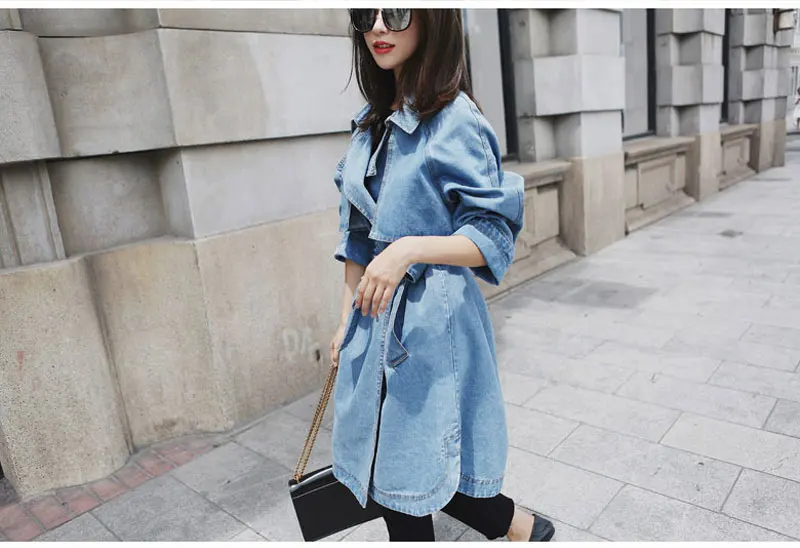 Весенняя мода, Женский Тренч, женское элегантное пальто, ветровка, галстук-бабочка, джинсовое Женское пальто, тонкое длинное пальто IOQRCJV T198 - Цвет: denim blue