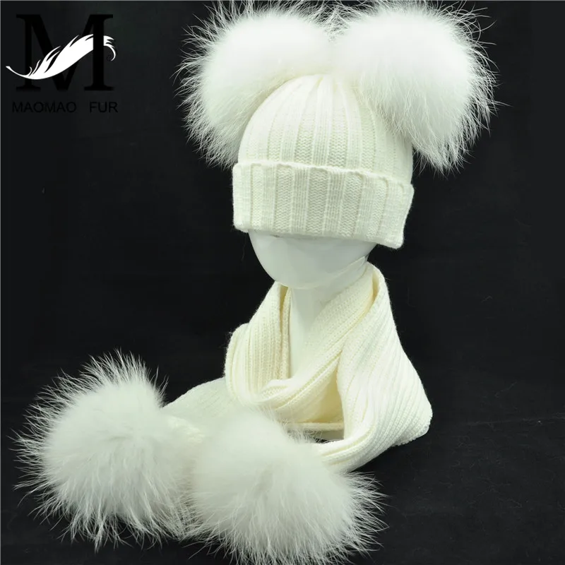 Winter Real Fur Scarf and Hat Set Kids Big Real Raccoon Fur Balls Hat Double Pom Pom Beanies Children Girls Warm Scarf Cap