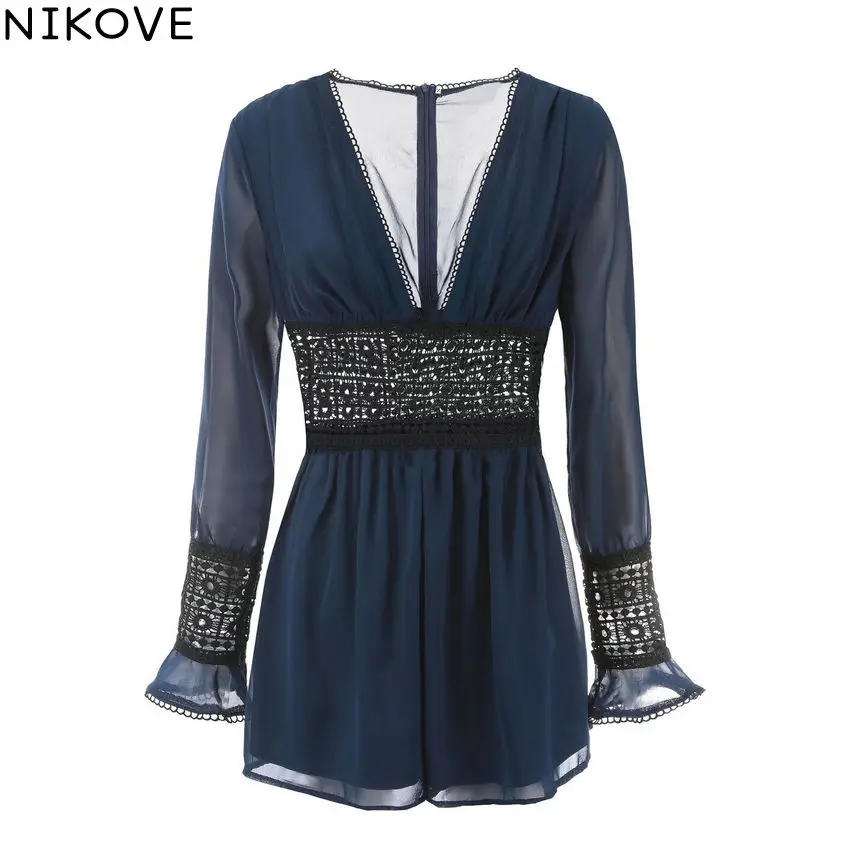 NIKOVE 2019 Autumn New Hot-selling Jumpsuit Lace Stitching V-neck Long-sleeved Women Hollow Out Beach Jumpsuits Size S-XL | Женская