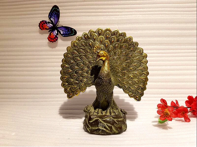 Chinese antique bronze peacock art collection copper peacock Feng Shui lucky copper animal indoor home decoration (1) -