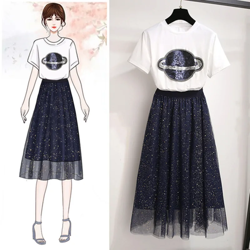 

2019 Summer Sequins Mesh Skirts 2 Piece Set Women Planet Sequins Embroidery Short Sleeve Cotton Tshirt+Tulle Sequined Skirt Set