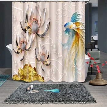 

3d Goldfish and Lotus Leaf Green Mountain Water Shower Curtains Bathroom Curtain Thicken Waterproof Thickened Bath Curtain
