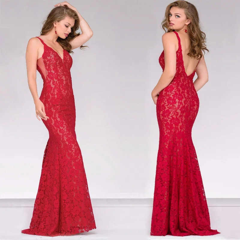 

Sexy Backless Long Evening Dresses V-Neck Sleeveless Mermaid Lace Formal Gowns New Illusion Red Abendkleider 2019