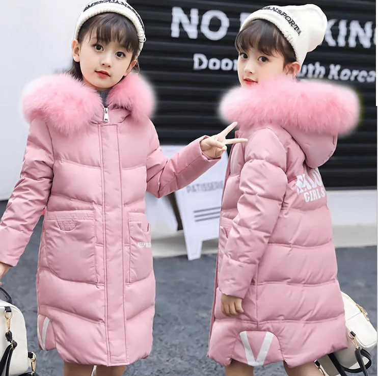 

New Child school kids girl long coat detachable fur hooded duck down 6-12y kids jacket winter overcoat clohes for kids girl