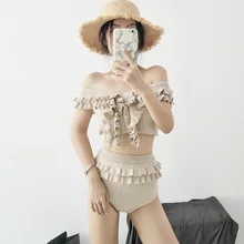 Купальный костюм, купальные костюмы, боди, сексуальный женский купальник из двух частей, женский бежевый кружевной трикотажный раздельный купальник с высокой талией для женщин