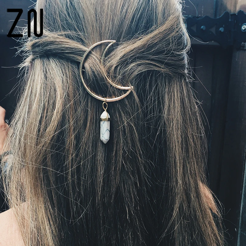 

Women Vintage Moon Quartz Hexagon Prism Alloy Hair Clip Natural Stone Pendant Charms Clamp Hairpin Top hot