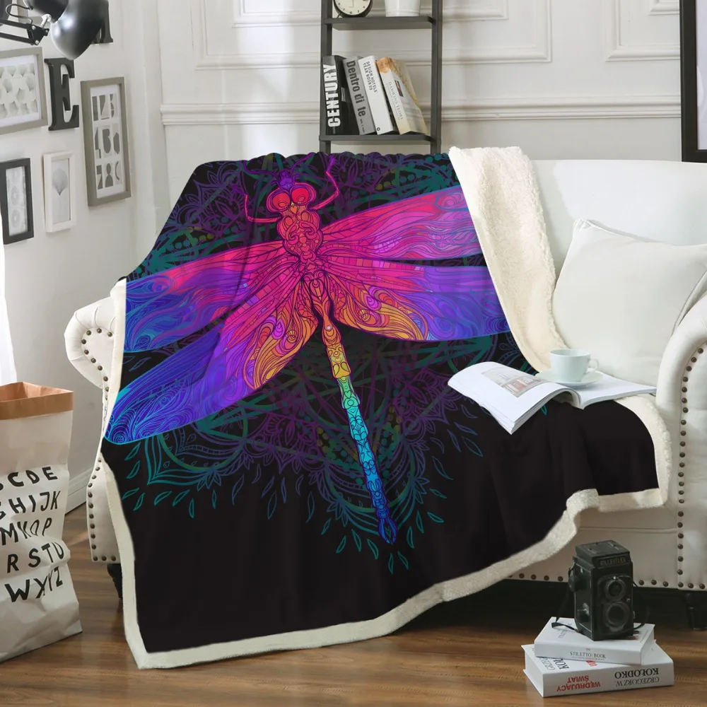 

Dragonfly Mandala Sherpa Blanket Colorful Bedspread Boho Purple Pink Insect Velvet Plush Beds Blanket