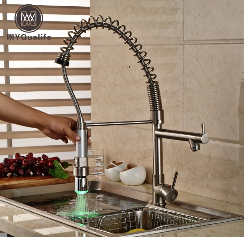 Nickel Brushed LED Kitchen Faucet Single Handle Hot Cold Water Coil Spring Deck Mount Mixer Tap