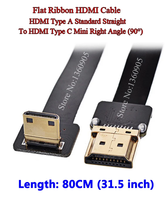 80 см 31.5 ''ультра тонкий HDMI плоский мягкий кабель прямой Тип мужчинами Тип c hdmi мини-правый угол золотой пластине Медь