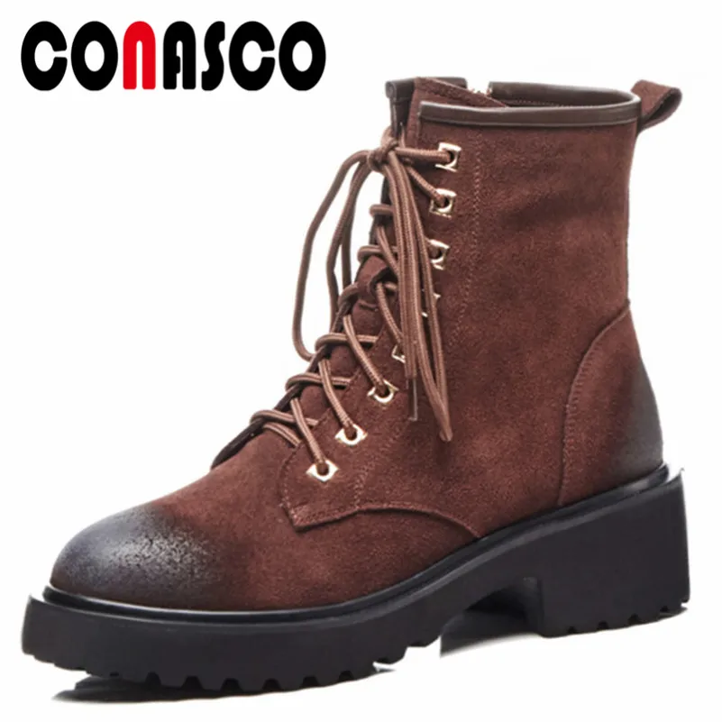 

CONASCO Retro Women High Heels Autumn Winter Motorcycle Boots Lace Up Retro Cow Suede Martin Shoes Woman Ladies Basic Boots