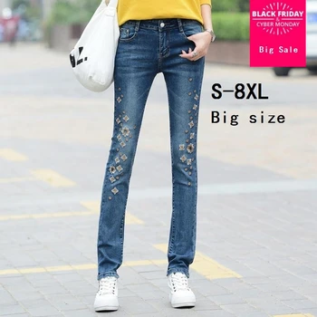 

2017 summer new fashion brand flower pattern embroidery cotton pencil jeans women was thin elastic jeans female wj549 free send