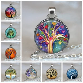 

Life Tree Glass Cabochon Statement Necklace & Pendant Jewelry Vintage silver color Chain Choker For Women