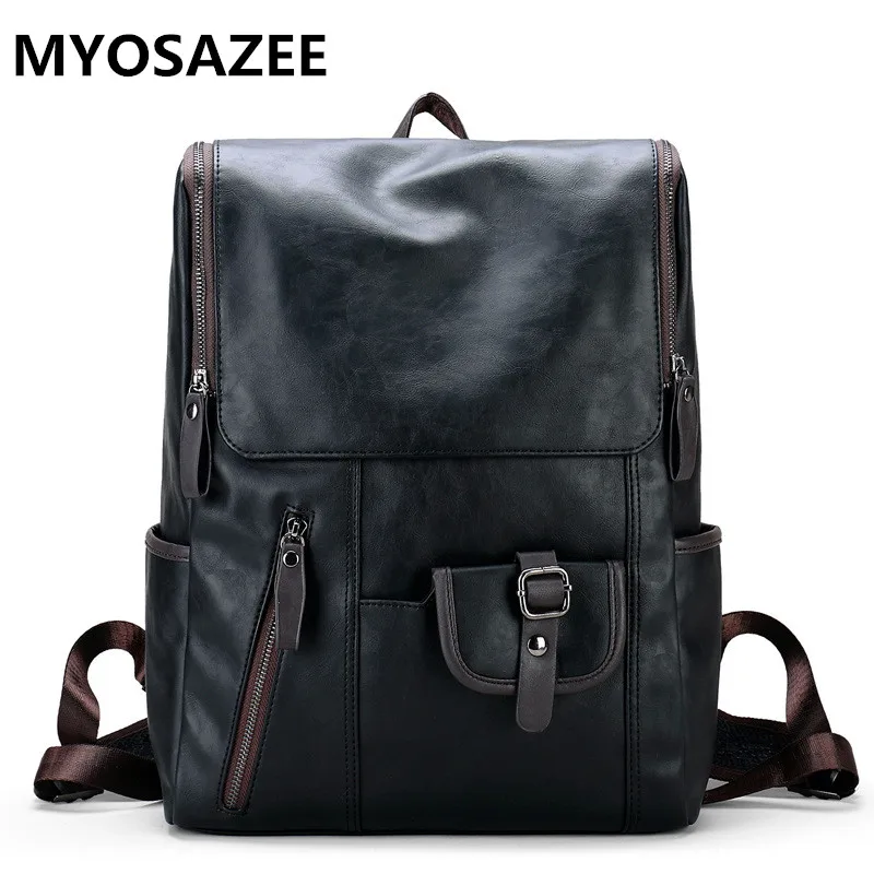 

MYOSAZEE Men Fashion Backpacks PU Leather Male Backpack School Bag Boys Casual Vintage Large Capacity Travel Backpack Business