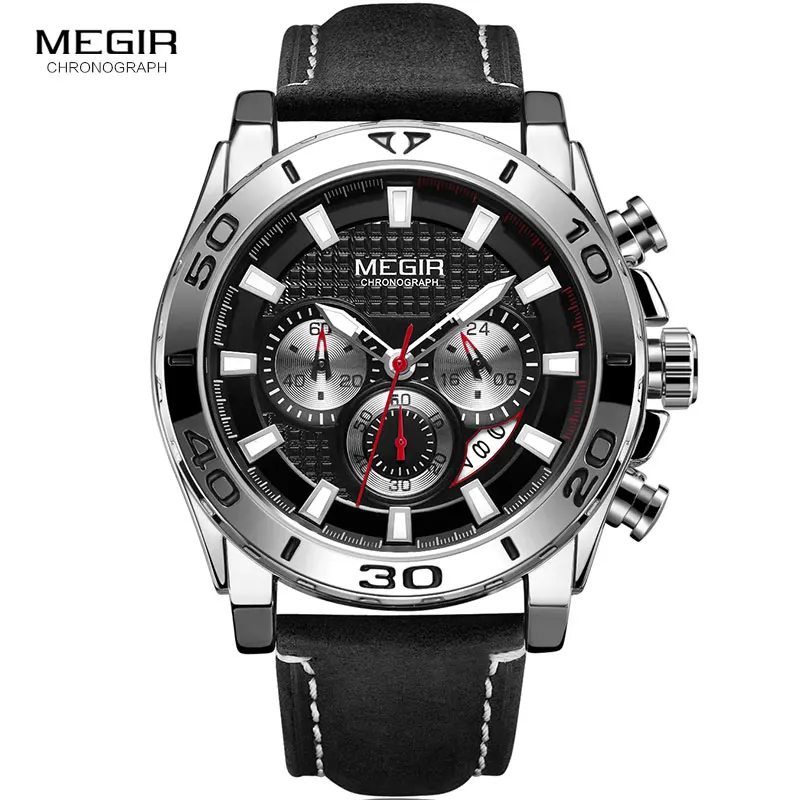 MEGIR Men's Army Sports Chronograph Quartz Watches Leather Strap