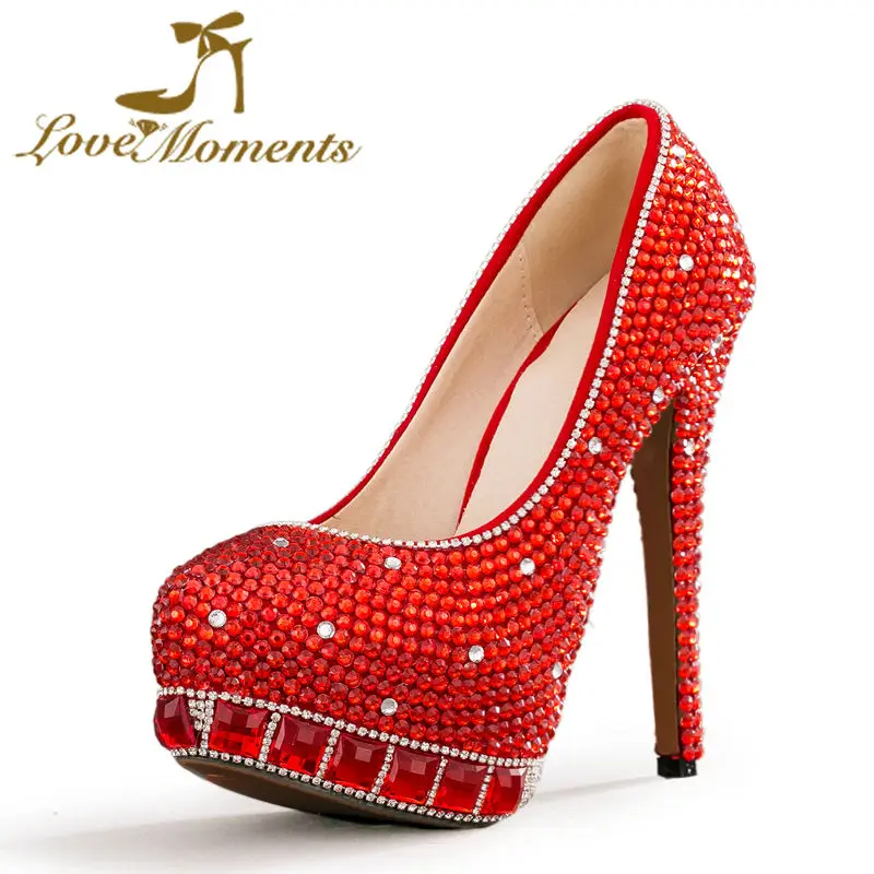 Love Moments shoes woman red wedding Shoes bride crystal ladies shoes pumps Platform high heels party  Evening dress shoes