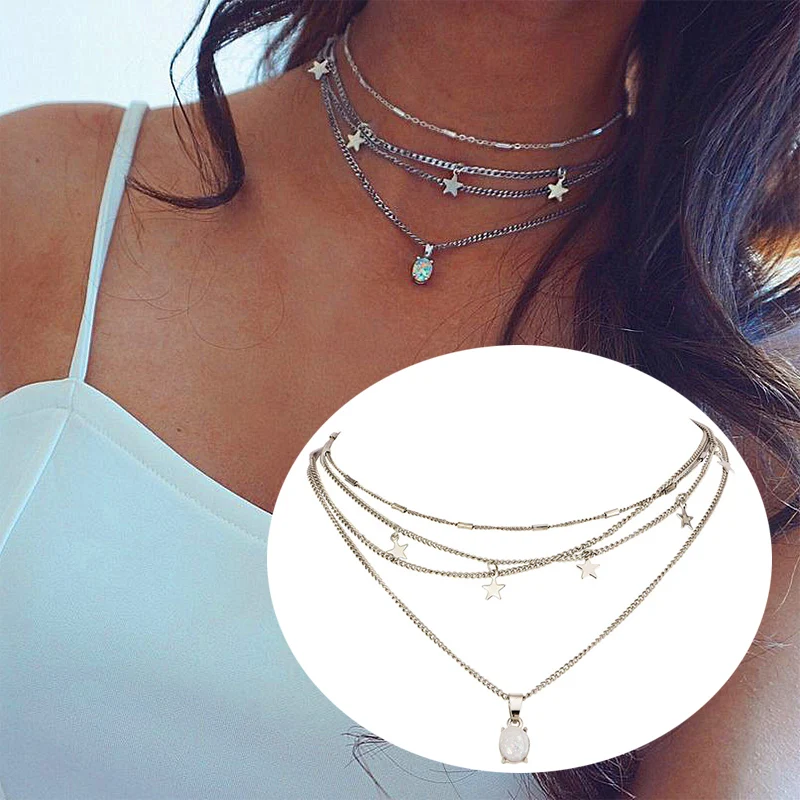 

Pendant Necklaces Silver Multi-Layer Female Fashion Five-pointed Star Adjustable Women Bohemian Party Accessories Gift