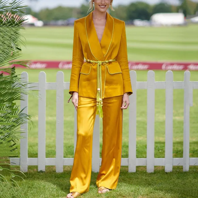 Special Offers Women's two-piece suit long-sleeved yellow pants suit ladies belt tassel long coat suit jacket high waist pants women Special Offers Women's two-piece suit long-sleeved yellow pants suit ladies belt tassel long coat suit jacket high waist pants women